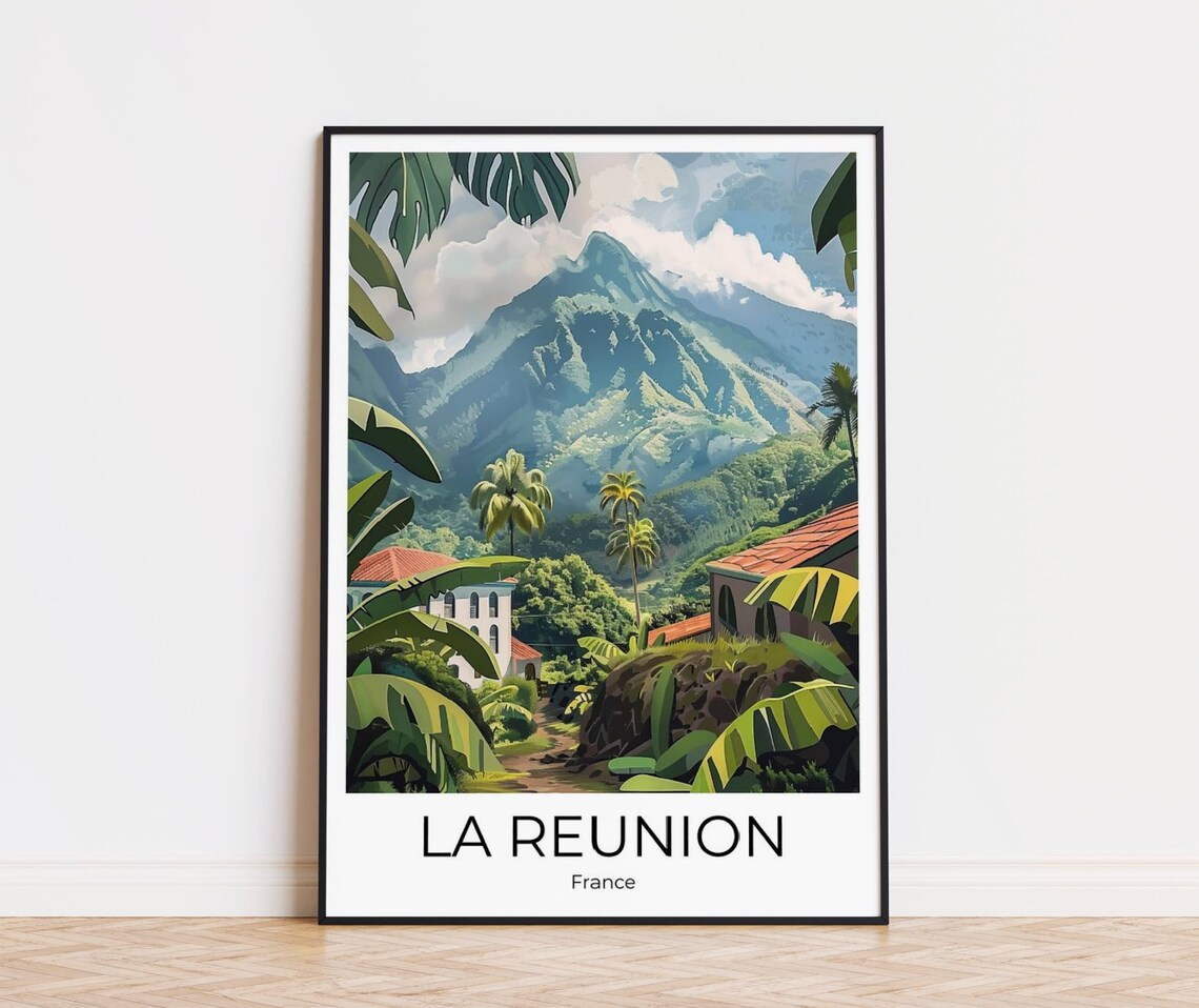 La Reunion France Tropical Volcanic Peaks Village Travel Poster