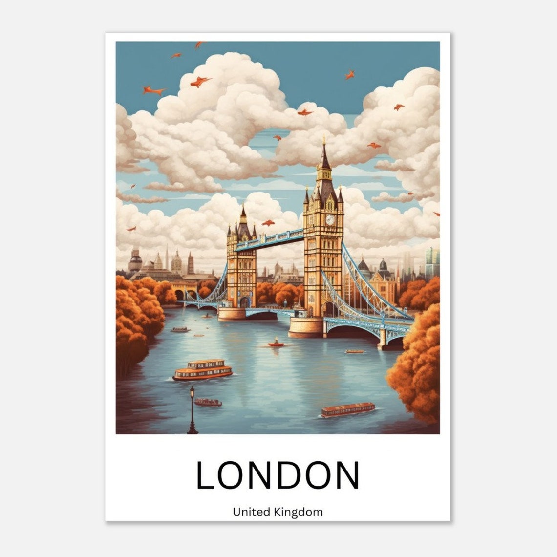 London Tower Bridge Thames River Autumn City Illustration Poster - Image 2