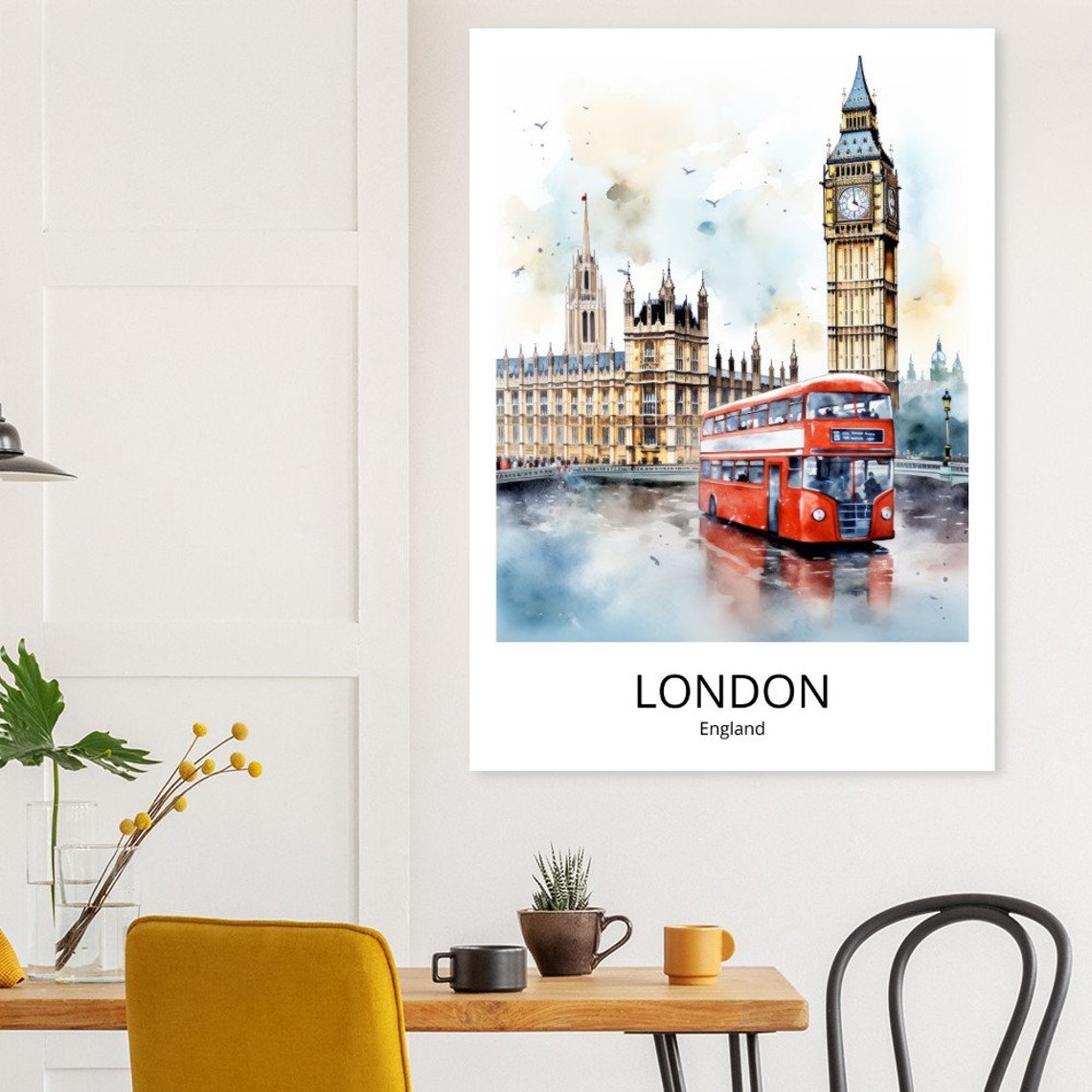 London England Big Ben Red Double Decker Bus Watercolor Travel Poster - Image 3