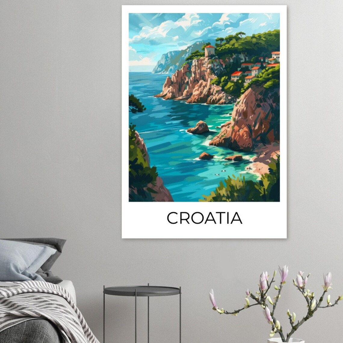 Croatia Rocky Cove Cliffside Village Azure Sea Sailboats Art Poster - Image 2