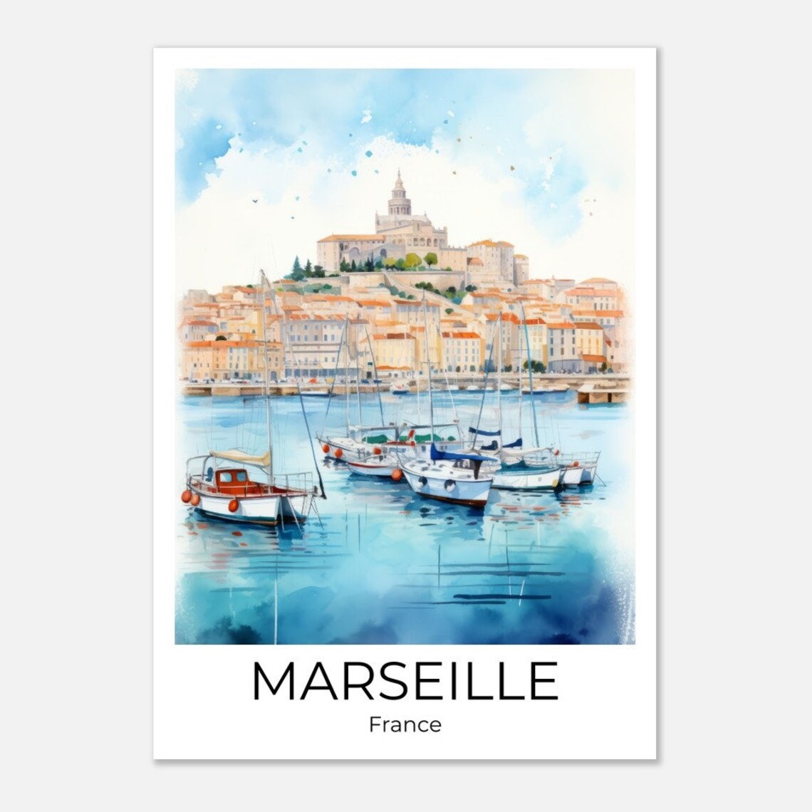 Marseille France Old Port Sailboats Watercolor Harbor Travel Poster - Image 4