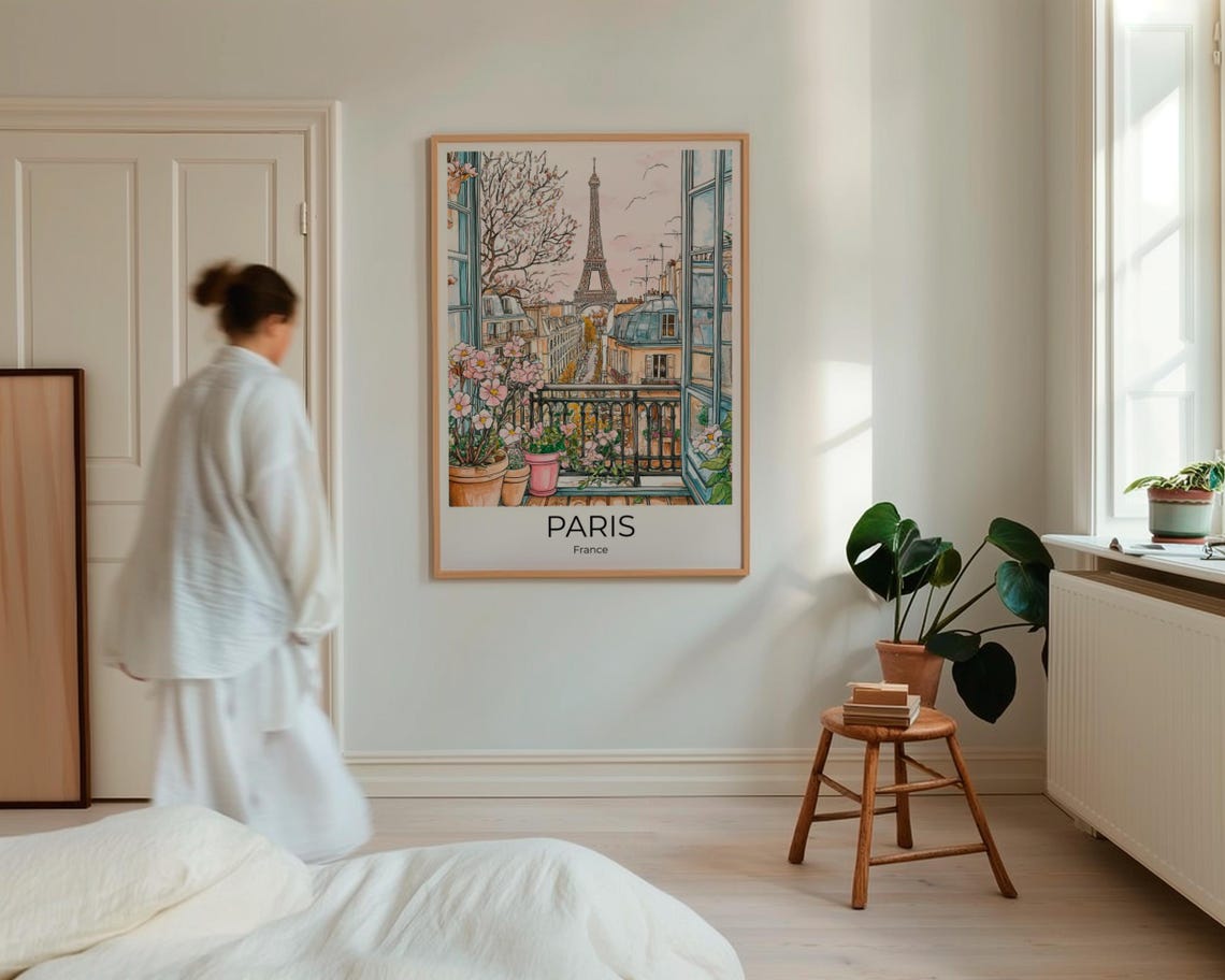 Paris Balcony Blossom Spring Eiffel Tower View Watercolor Poster - Image 4