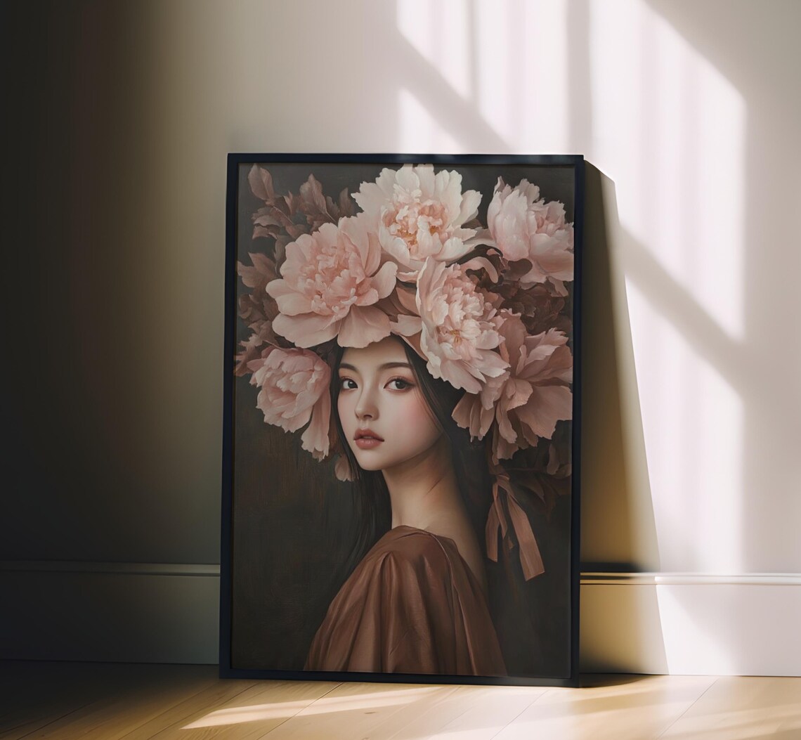 Elegant Peony Flower Portrait Wall Art Asian Woman Pink Blossoms - Image 4