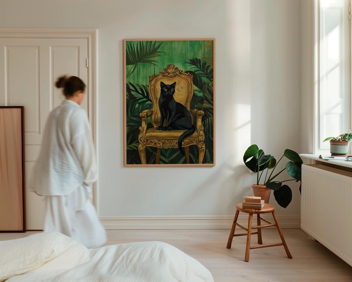 Black Cat on Ornate Gold Throne Chair Tropical Leaf Art Poster - Image 5