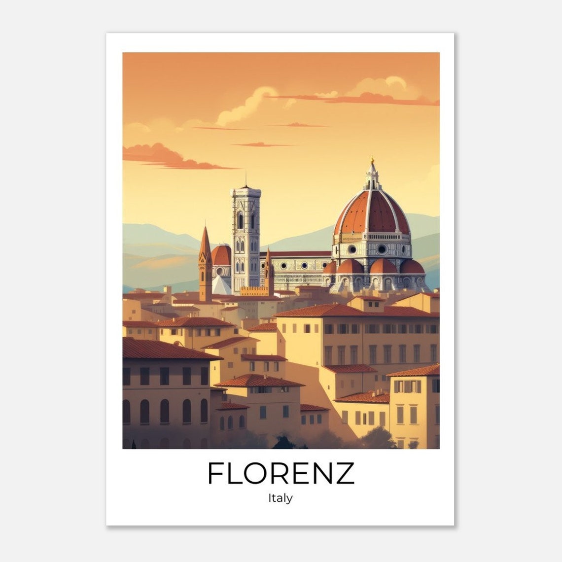 Florence Duomo Sunset Terracotta Rooftops Italy Illustration Poster