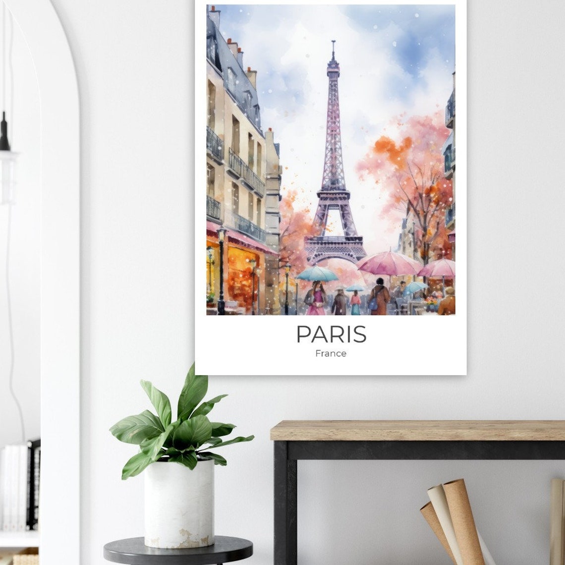 Paris France Eiffel Tower Autumn Umbrellas Watercolor Poster - Image 3