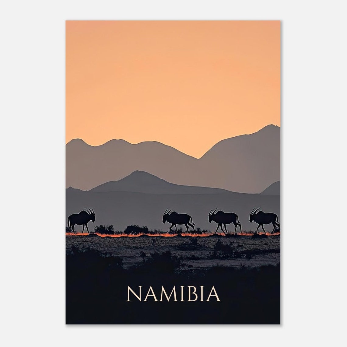 Namibia Oryx Dusk Silhouette Layered Mountains Desert Travel Poster - Image 4