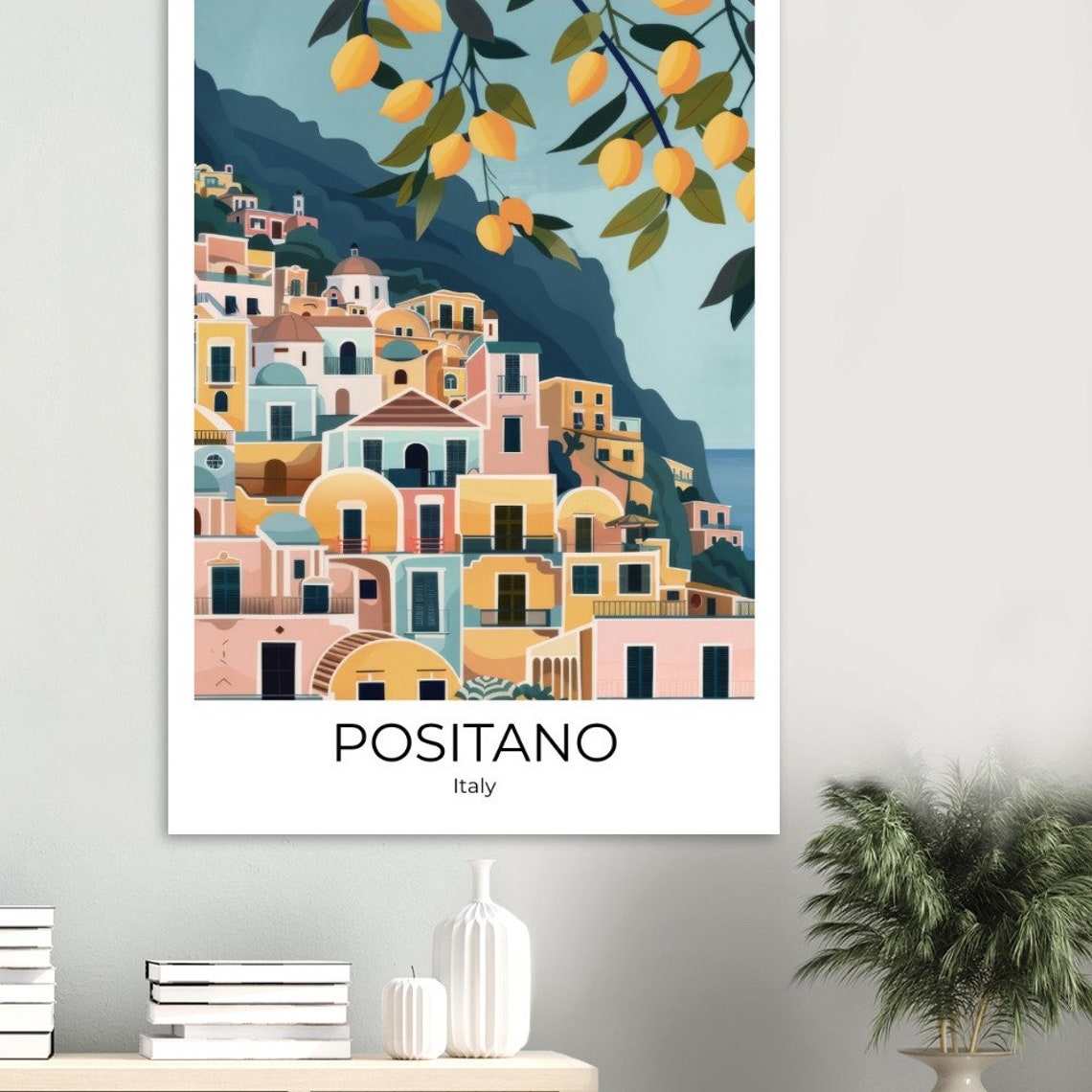 Positano Italy Travel Poster Amalfi Coast Village Lemon Branches Art - Image 3