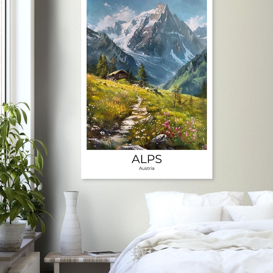 Austrian Alps Summer Meadow Cabin Snowy Peak Mountain Poster - Image 3