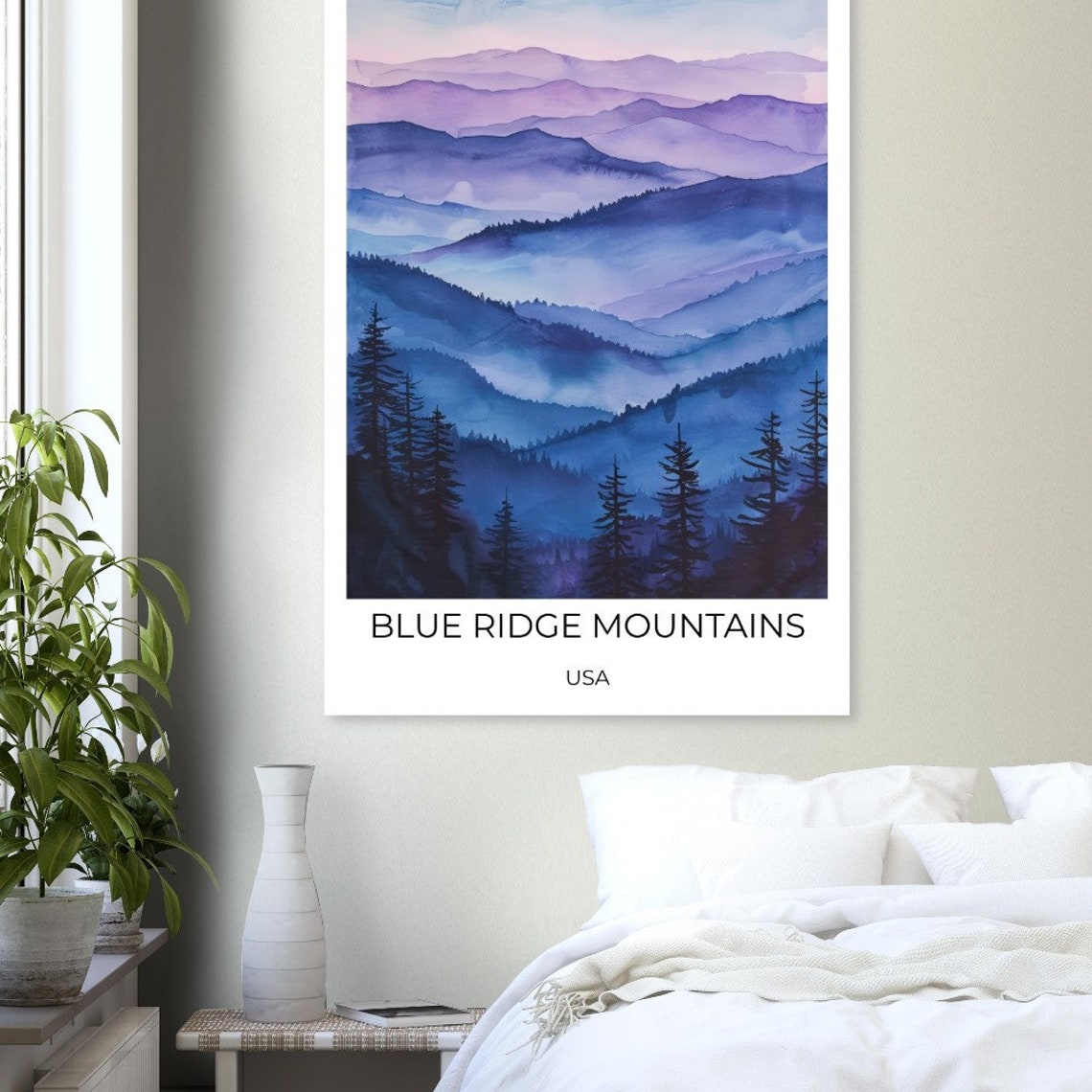 Blue Ridge Mountains USA Purple Dusk Pine Forest Watercolor Art Poster - Image 3