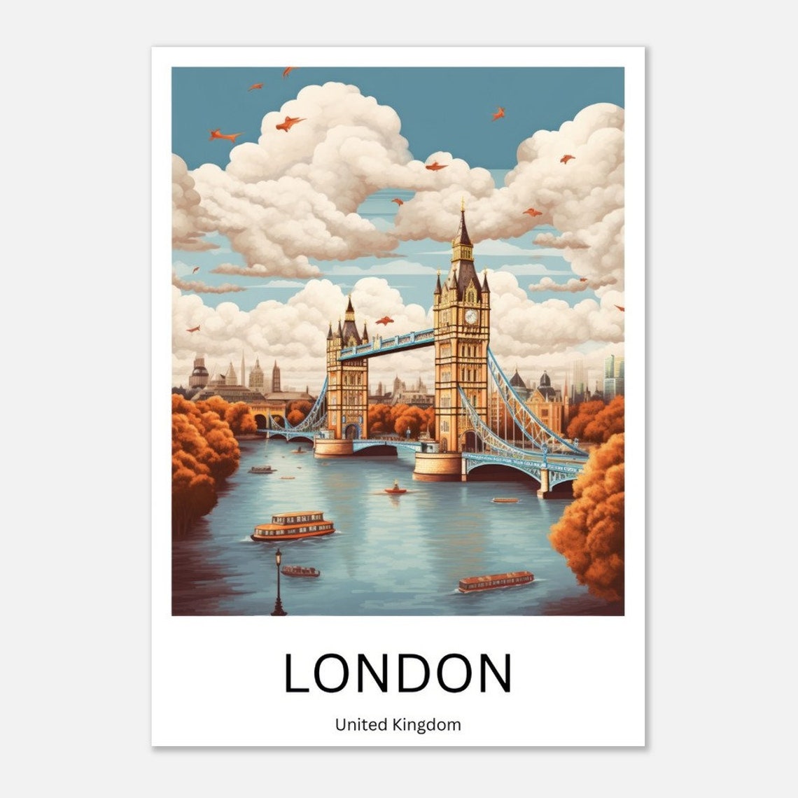 London Tower Bridge Thames River Autumn City Illustration Poster - Image 4