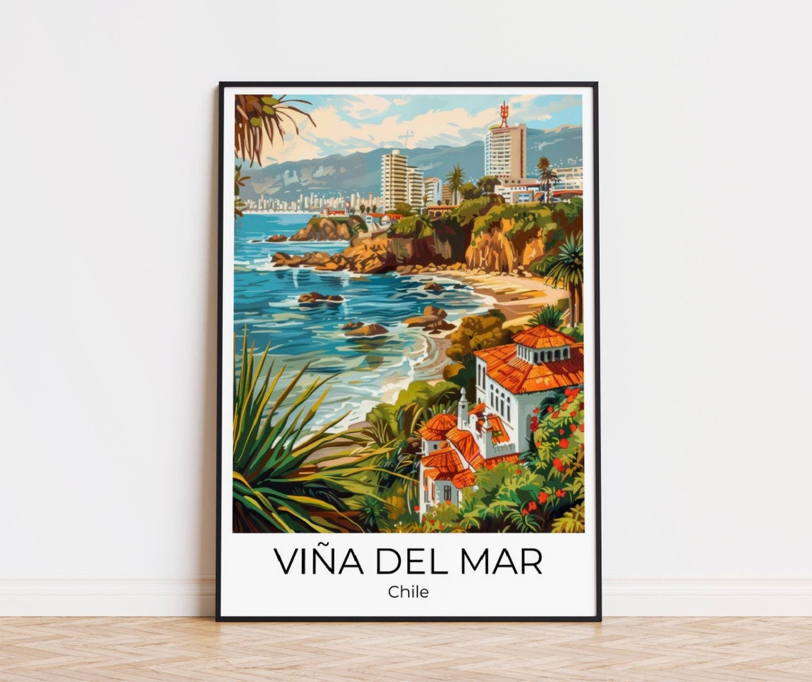Viña del Mar Chile Illustrated Rocky Coast and Cliffside Villas Poster