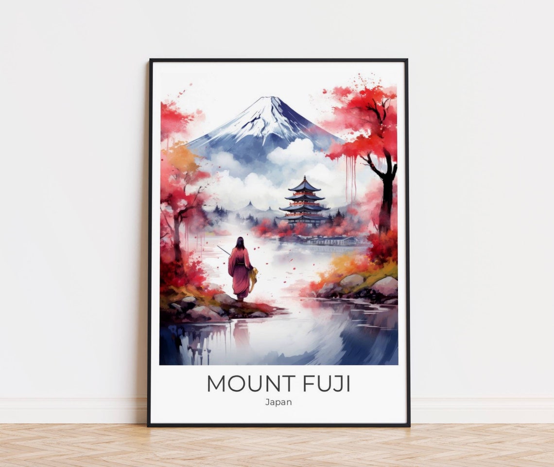 Mount Fuji Japan Pagoda Red Maple Trees Kimono Watercolor Poster