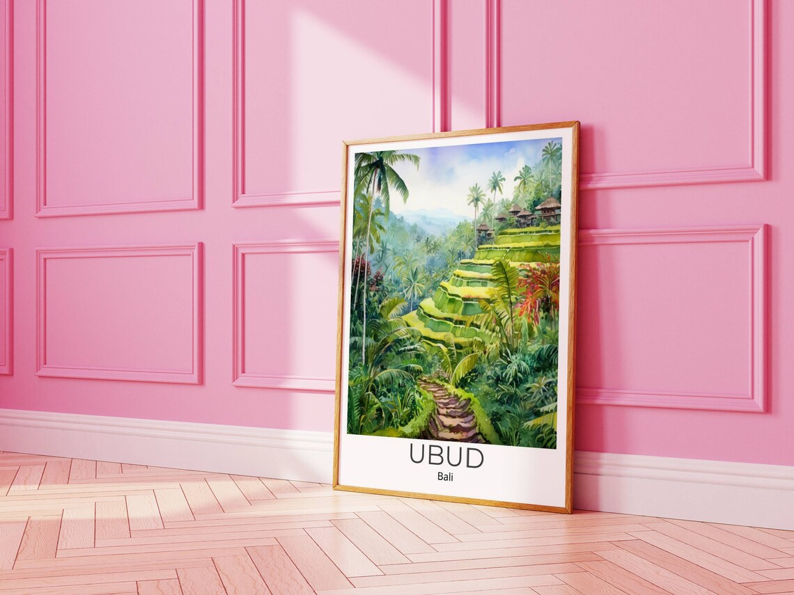 Ubud Bali Travel Poster Rice Terraces Watercolor Jungle Paradise Art - Image 3