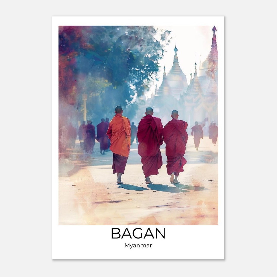 Bagan Myanmar Buddhist Monks Morning Walk Temple Road Poster