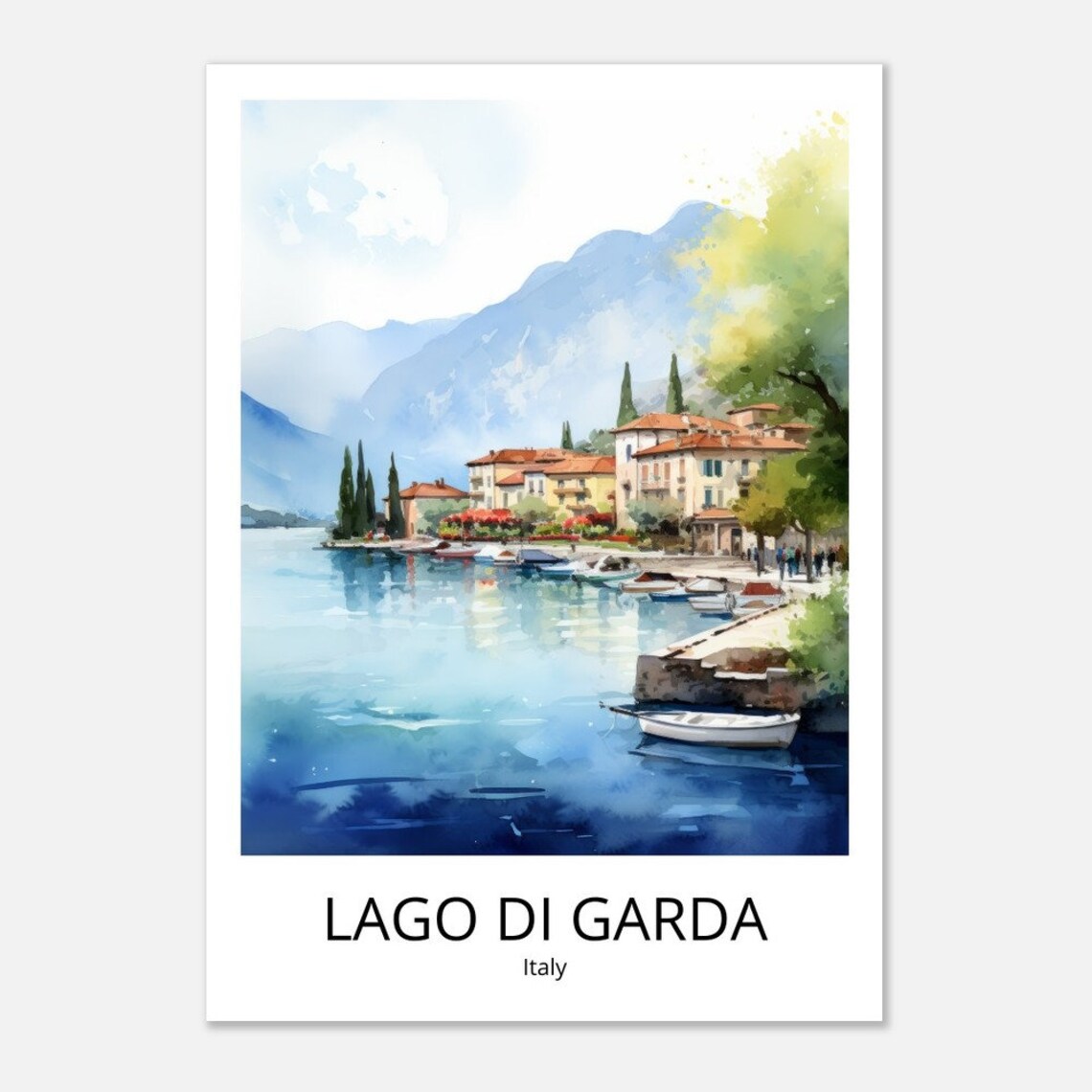 Lago di Garda Italy Lake Village Watercolor Boats Scene Poster - Image 4