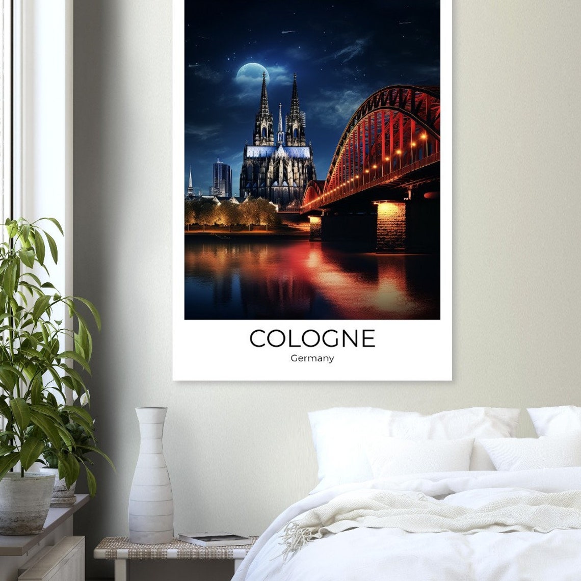 Cologne Cathedral Night Rhine Bridge Moon Germany Travel Poster - Image 3