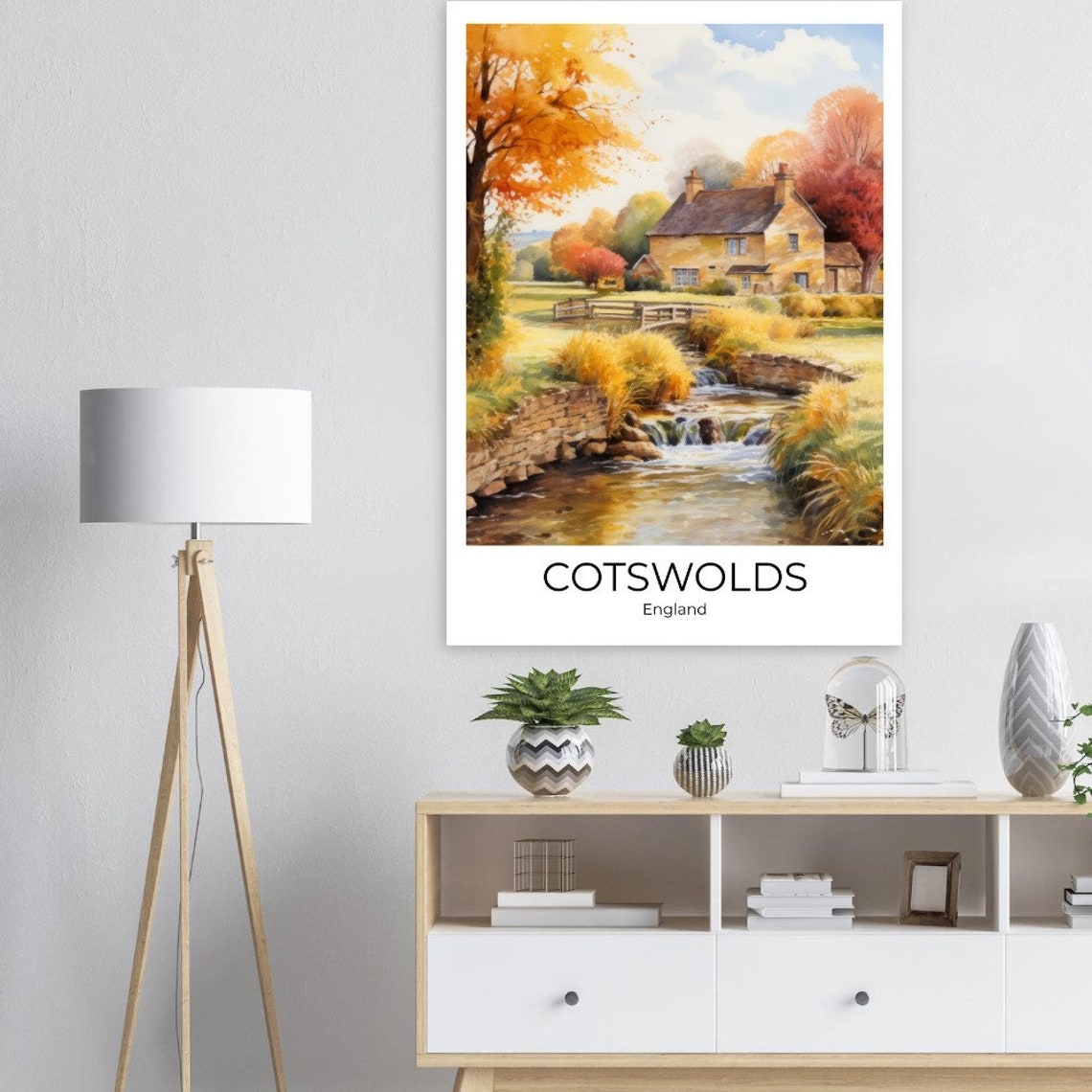 Cotswolds England Autumn Cottage With Stream and Footbridge Poster - Image 2