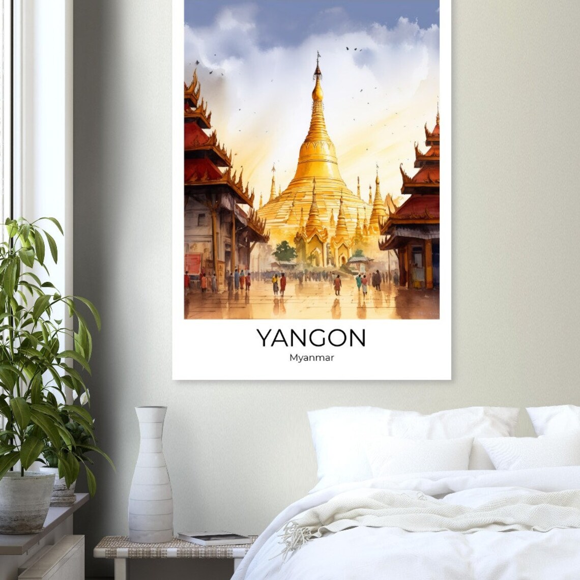 Yangon Shwedagon Pagoda Golden Stupa Pilgrims Watercolor Travel Poster - Image 3