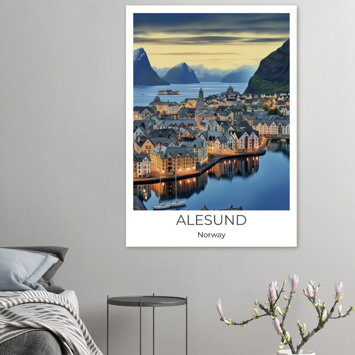 Alesund Norway Evening Harbor Lights Watercolor Travel Poster - Image 3