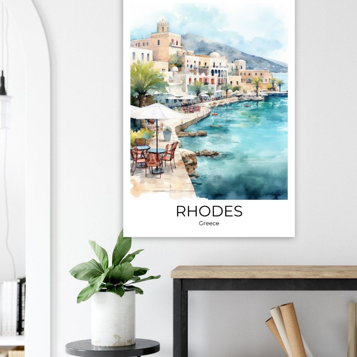Rhodes Greece Harbor Town Waterfront Cafe Umbrella Travel Poster - Image 2