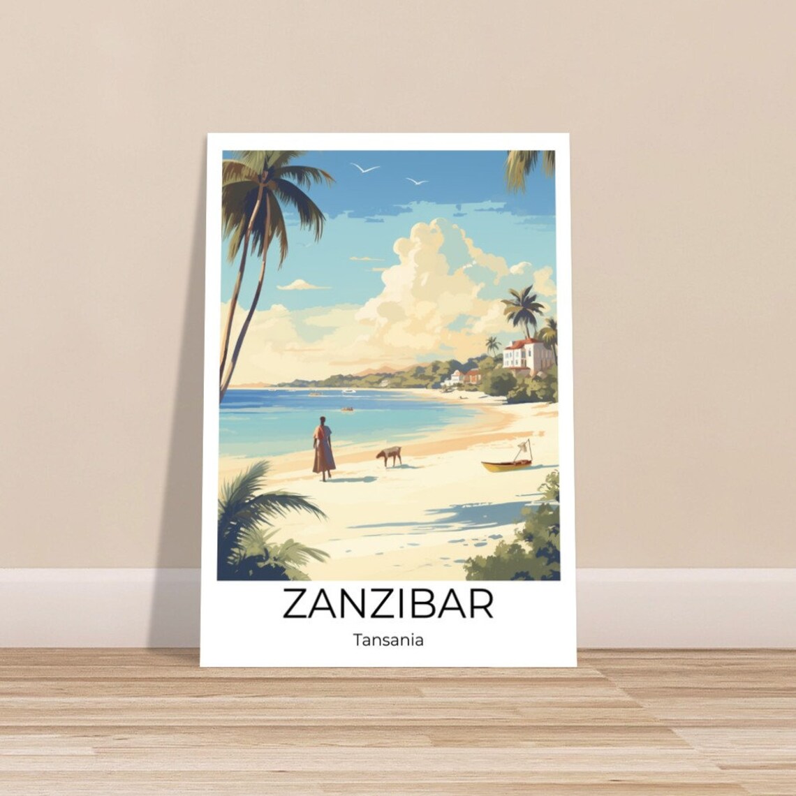 Zanzibar Beach Palm Trees Horse and Fisherman Boat Illustration Poster