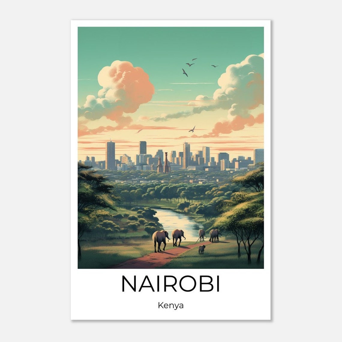 Nairobi Kenya Skyline Elephants Safari Vintage Travel Poster