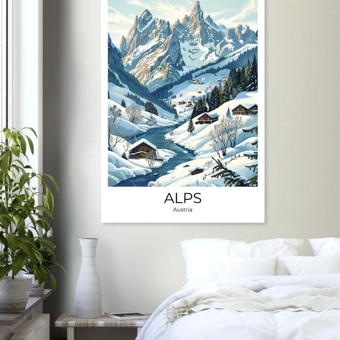 Alps Austria Snowy Alpine Valley Cabins Winter Landscape Travel Poster - Image 4