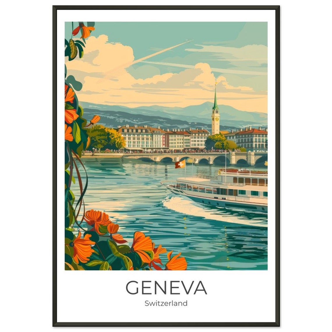 Geneva Lake Paddle Steamer Bridge Vintage Switzerland Travel Poster