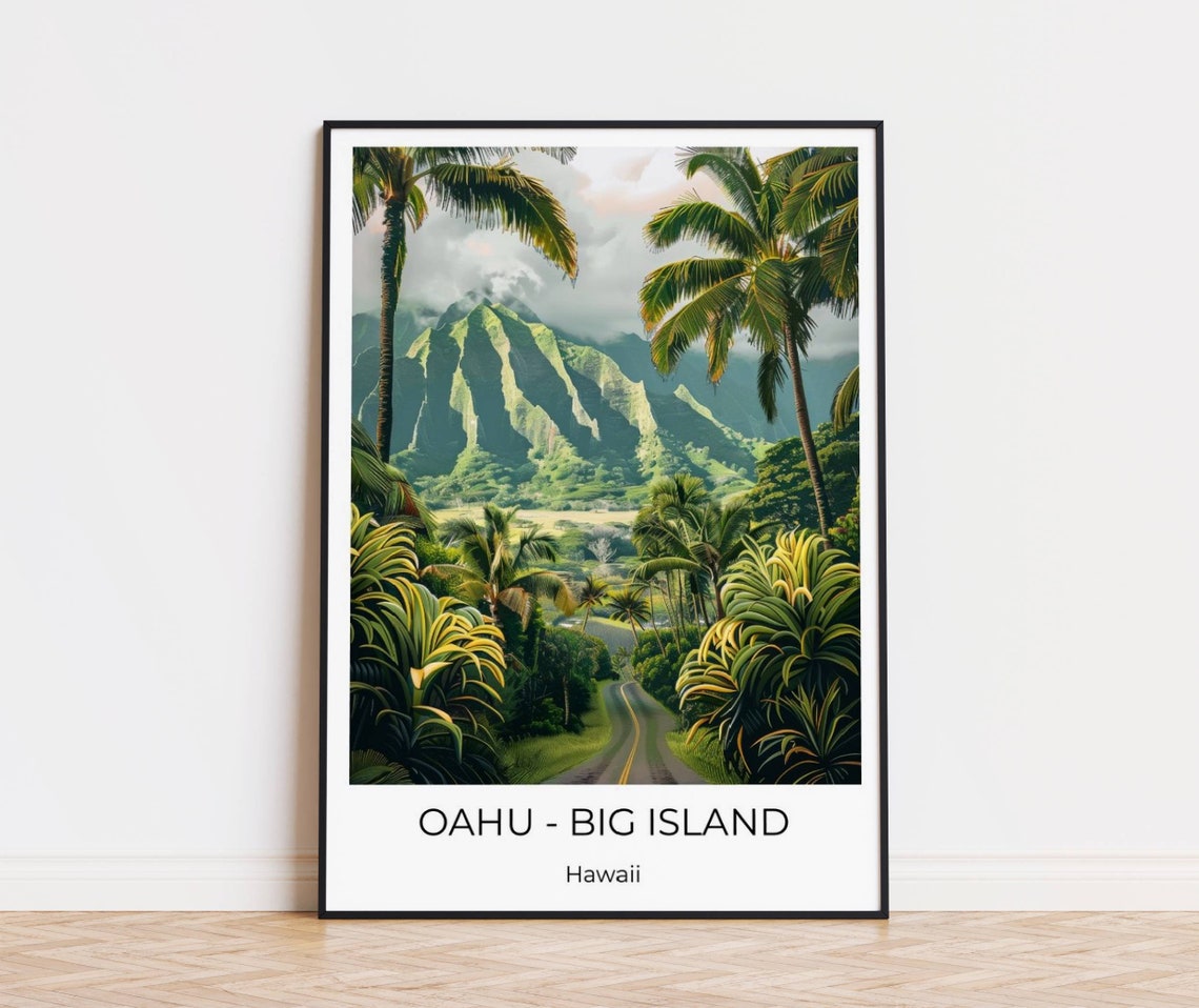 Oahu Big Island Hawaii Lush Jungle Road Palms Mountain Travel Poster