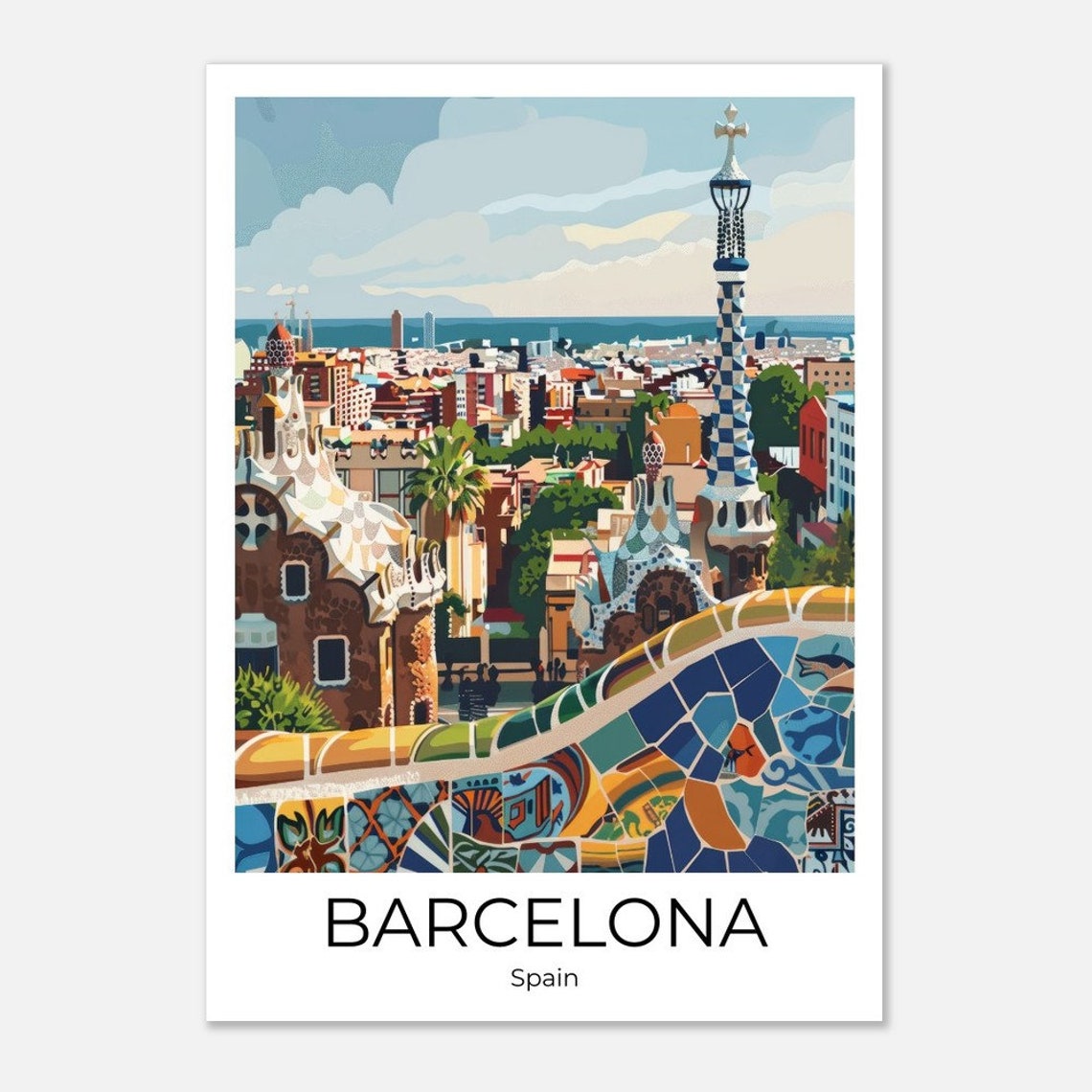Barcelona Spain Park Guell Mosaic Terrace Modernist Art Poster