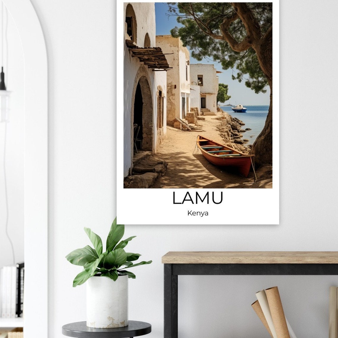 Lamu Kenya Old Town Whitewashed Alley and Wooden Boat Seaside Poster - Image 2