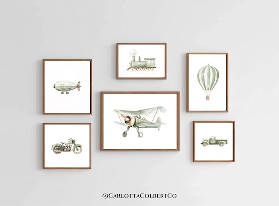 Vintage Transportation Nursery Gallery Art Set of 6 Plane Train Truck Print