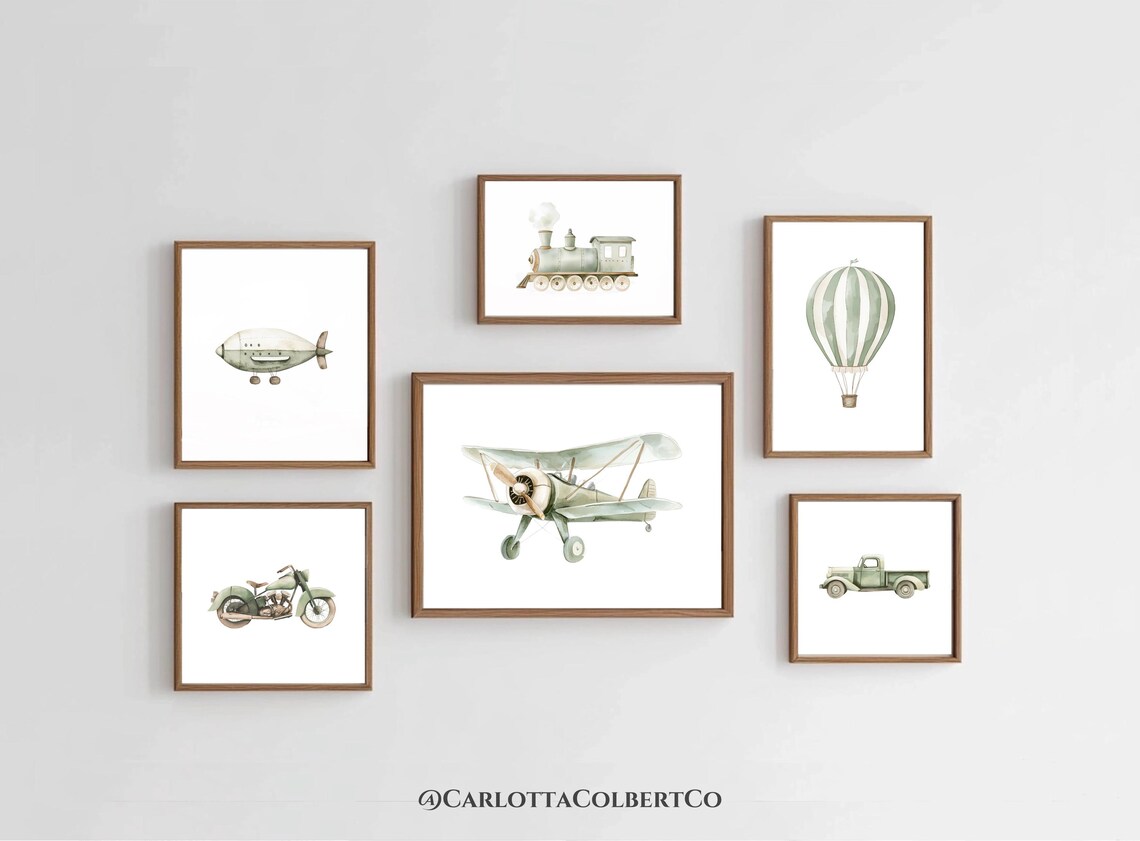 Vintage Transportation Nursery Gallery Art Set of 6 Plane Train Truck Print