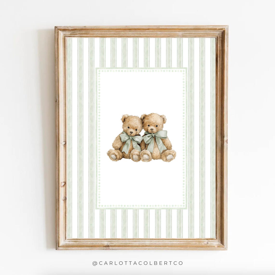 Twin Teddy Bears Nursery Poster Sage Green Striped Twin Boy Decor
