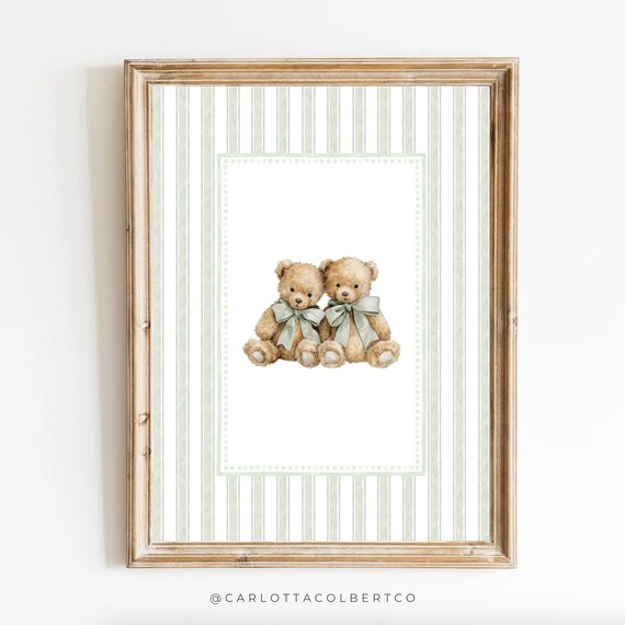 Twin Bear Nursery Art Sage Green Brother Teddy Poster Baby Boy Vintage