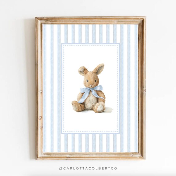 Vintage Bunny With Blue Bow Striped Background Nursery Art Poster