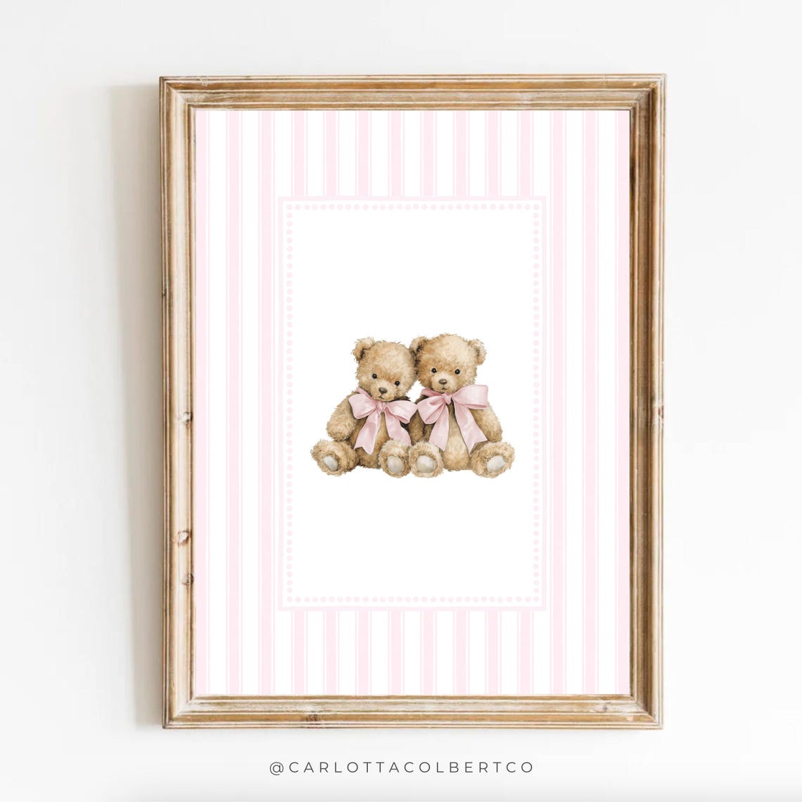 Vintage Twin Sister Teddy Bears Pink Striped Newborn Nursery Poster