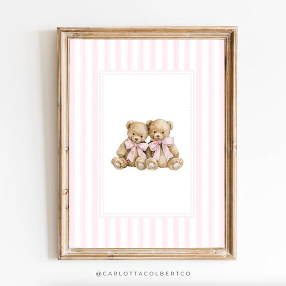 Twin Sister Nursery Art Pink Decor Teddy Bear Poster Baby Girl Vintage Room Wall Newborn