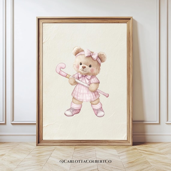 Vintage Field Hockey Teddy Bear Pink Girls Nursery Sport Poster