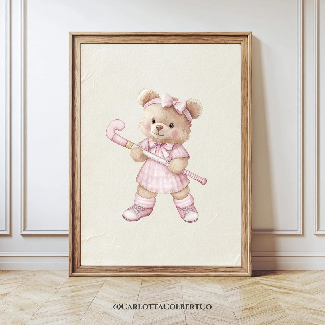 Vintage Field Hockey Teddy Bear Pink Girls Nursery Sport Poster