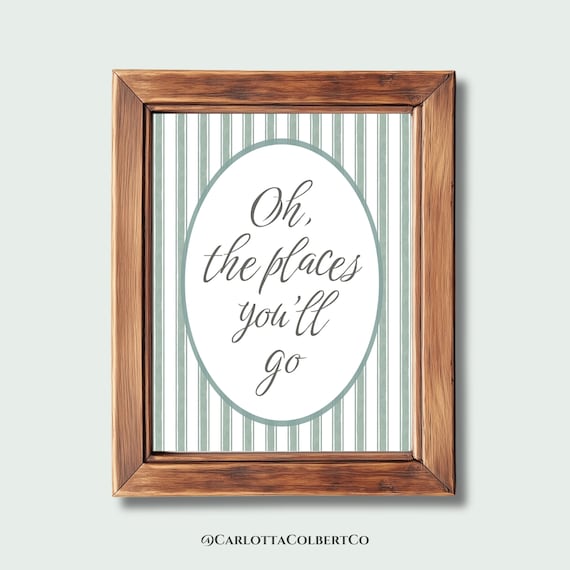 Oh The Places You Will Go Sage Green Striped Nursery Quote Poster
