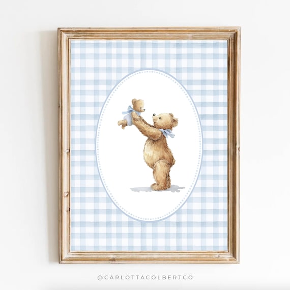 Blue Boy Nursery Art Bear Vintage Decor Mom And Baby Teddy Poster Room