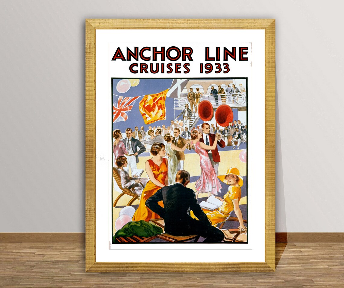 Anchor Line Cruises 1933 Ocean Liner Deck Party Travel Poster