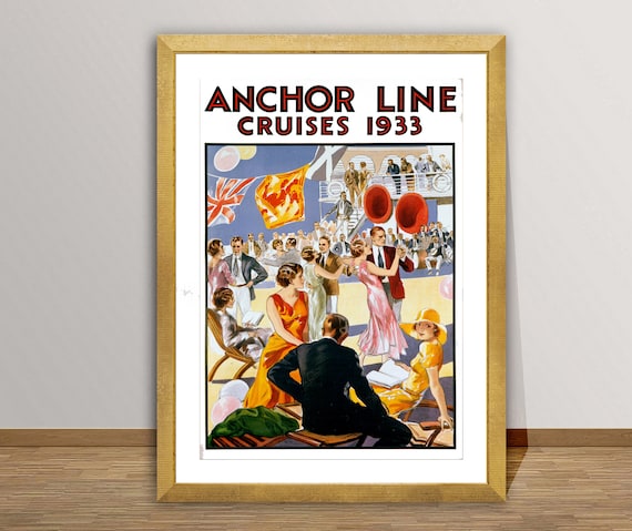 Anchor Line Cruises 1933 Ocean Liner Deck Party Travel Poster