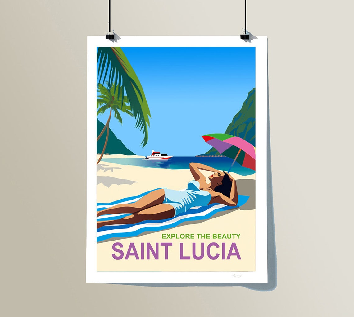 Saint Lucia Explore The Beauty Beach Sunbather Vintage Island Poster - Image 3