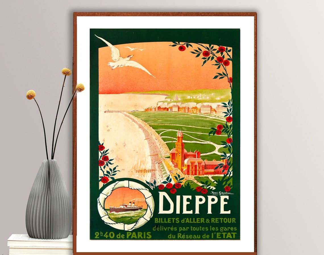 Dieppe Normandy Beach Vintage French Seaside Railway Travel Poster