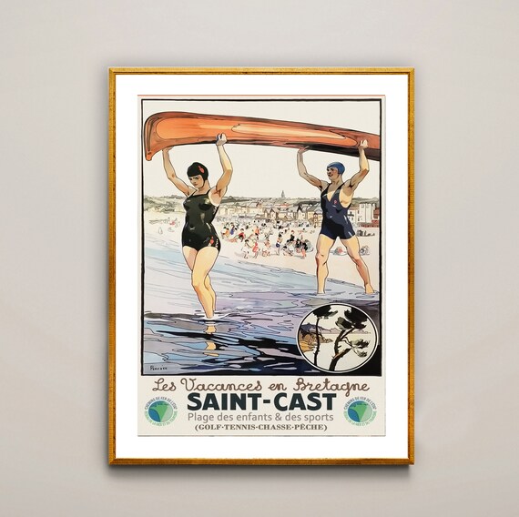 Saint Cast Brittany France Vintage Beach Canoe Holiday Travel Poster