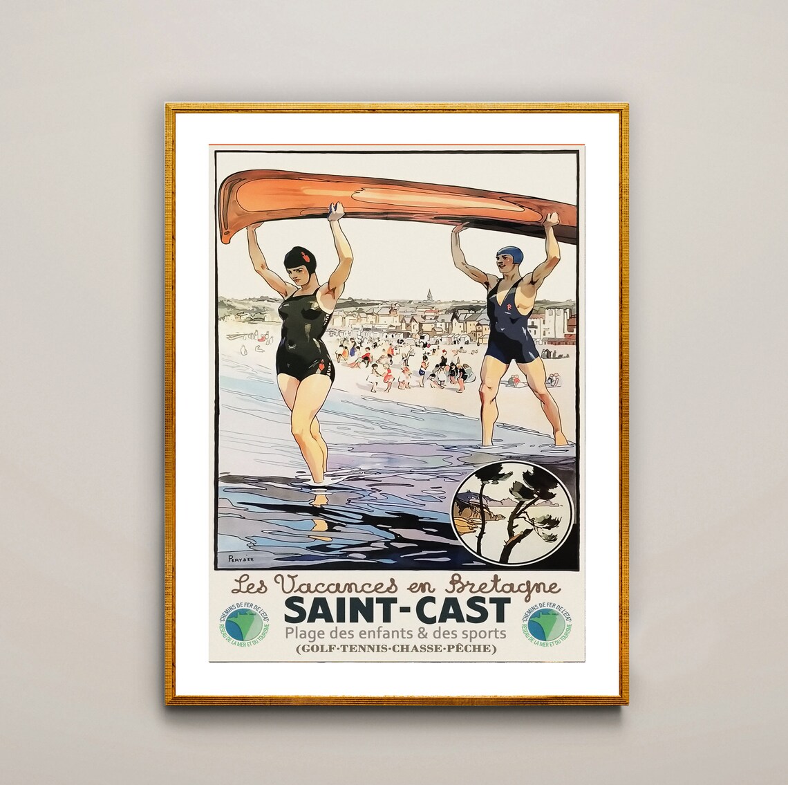 Saint Cast Brittany France Vintage Beach Canoe Holiday Travel Poster
