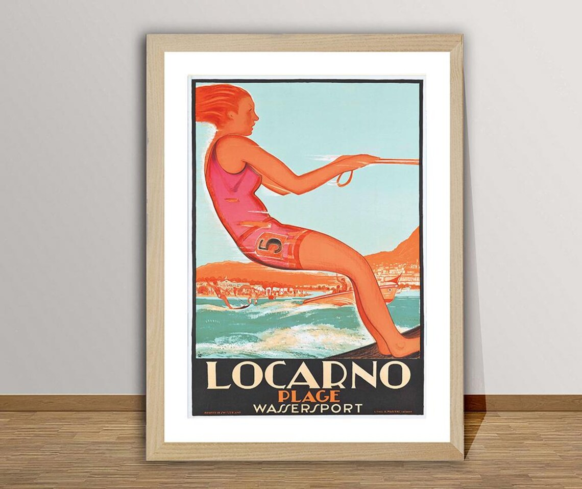 Locarno Plage Wassersport Vintage Swiss Water Ski Travel Poster